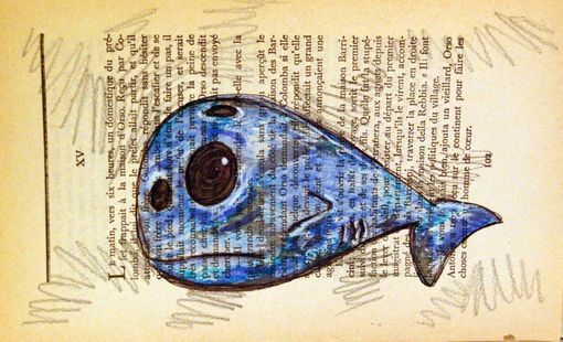 Custom Made Whale: Navy And Gray- Blue Whale - Original Drawing On Vintage French Paper