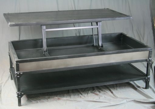 Custom Made Handmade Vintage Industrial Steel Lift Top Coffee Table With Shelf