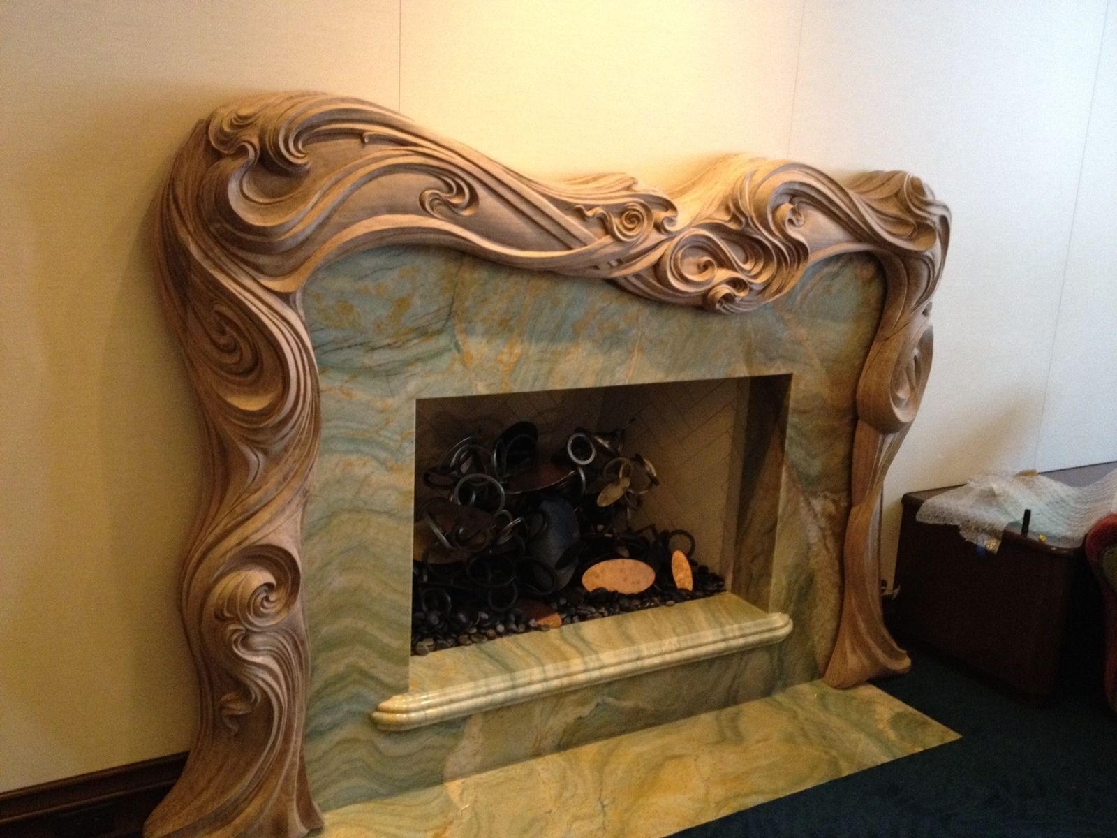 Rustic Fireplace Mantel With Carved Deer Scene by 