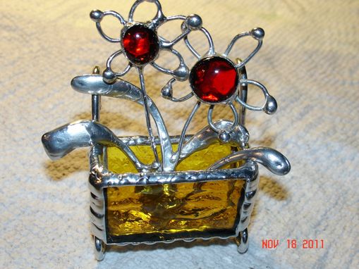 Custom Made Mini Stained Glass Flower Cart With 2 Wire Flowers