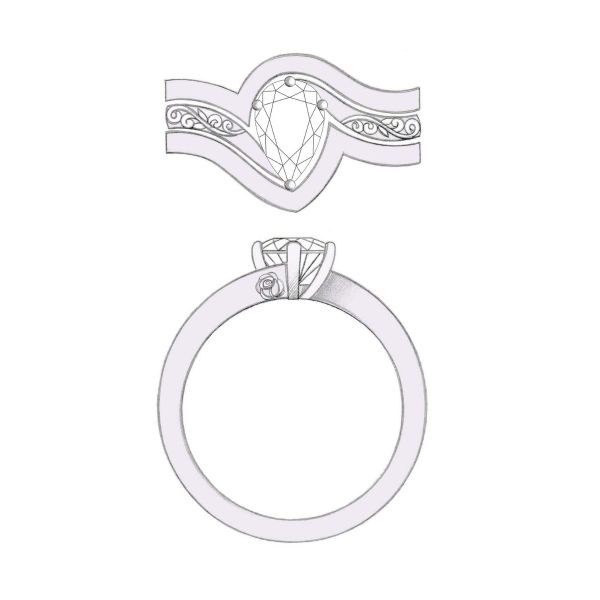 A peekaboo rose is engraved on the band’s profile of this diamond engagement ring.