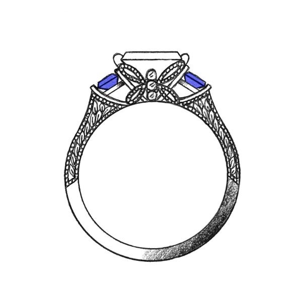 Sketch of a white gold engagement ring featuring a princess cut moissanite and hidden dragonfly.