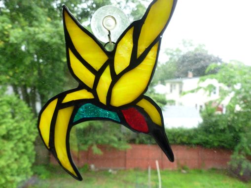 Custom Made Iridescent Stained Glass Ruby-Throated Hummingbird Light Catcher