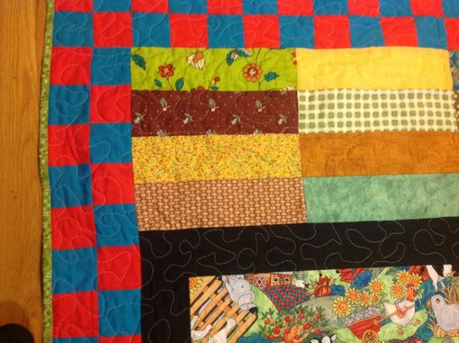 Custom Made Colorful Barnyard Themed Quilt With Beautiful Center Panel, Strips And Blocked Border