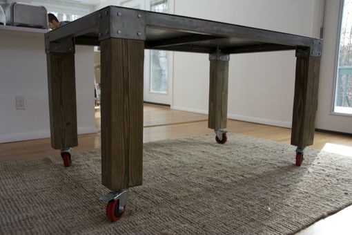 Custom Made Douglas Metal And Wood Table With Wheels