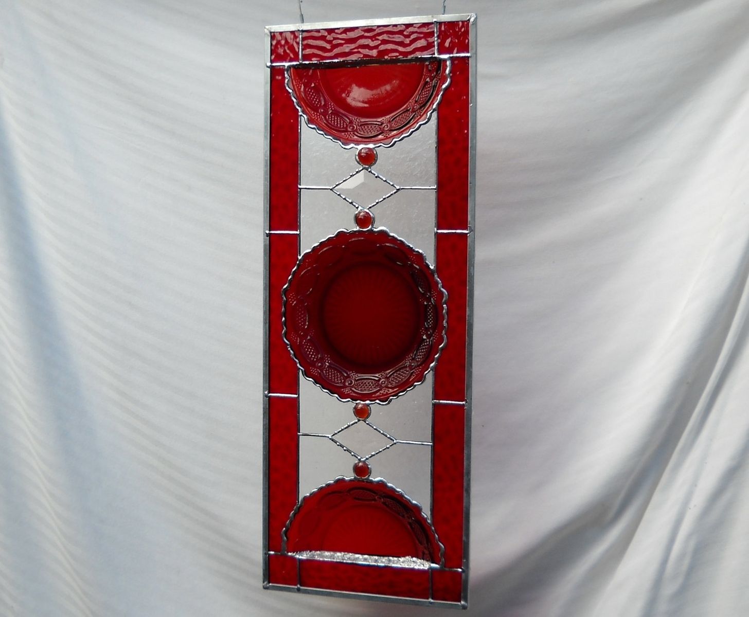 Hand Crafted Stained Glass Plate Panel With Vintage Avon Cape Cod Ruby