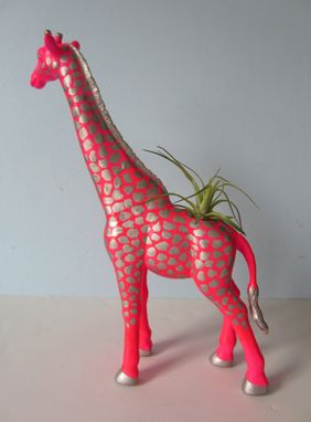 Custom Made Upcycled Toy Planter - Giant Neon Pink Giraffe With Silver Spots And Air Plant