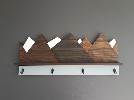 Custom Made Rustic Coat Rack With Snow Capped Mountains, Shelf With Hooks, Wood Wall Coat Rack, Storage