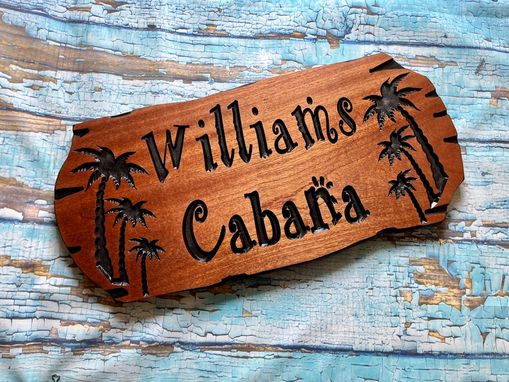 Custom Made Custom Wooden Carved Beach House, Cabana Sign With Palm Trees