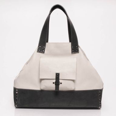 Custom Made Leather Tote Bag - Fully Lined - White And Charcoal Grey