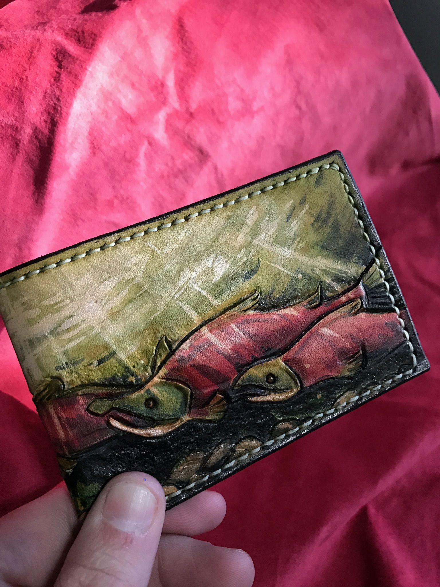 Buy Hand Crafted Salmon Fishing Leather Wallet, made to order from