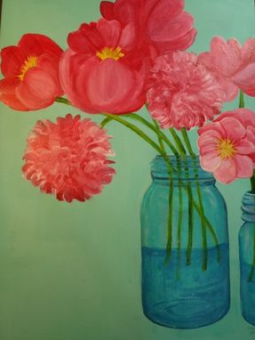 Custom Made Pink Peonies In Aqua Canning Jar Floral Painting Original Flowers Artwork On Canvas, 18 X 24