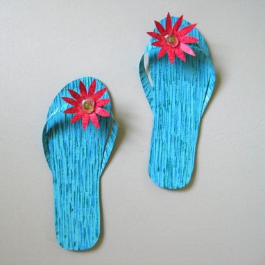 Custom Made Handmade Upcycled Metal Pair Of Flip-Flops Wall Art Sculpture In Blue