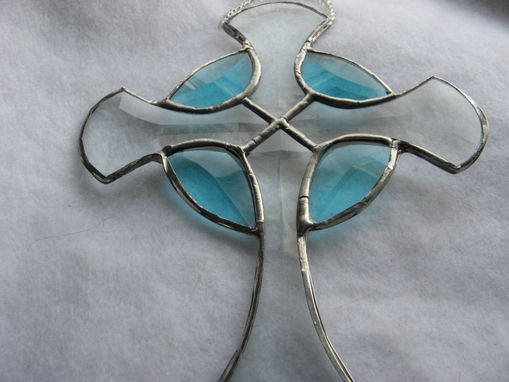 Custom Made Beveled Stained Glass Celtic Cross In Turquoise