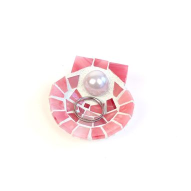 Custom Made Scallop Shell Wedding Ring Holder Dish With Pearl And Pink Glass
