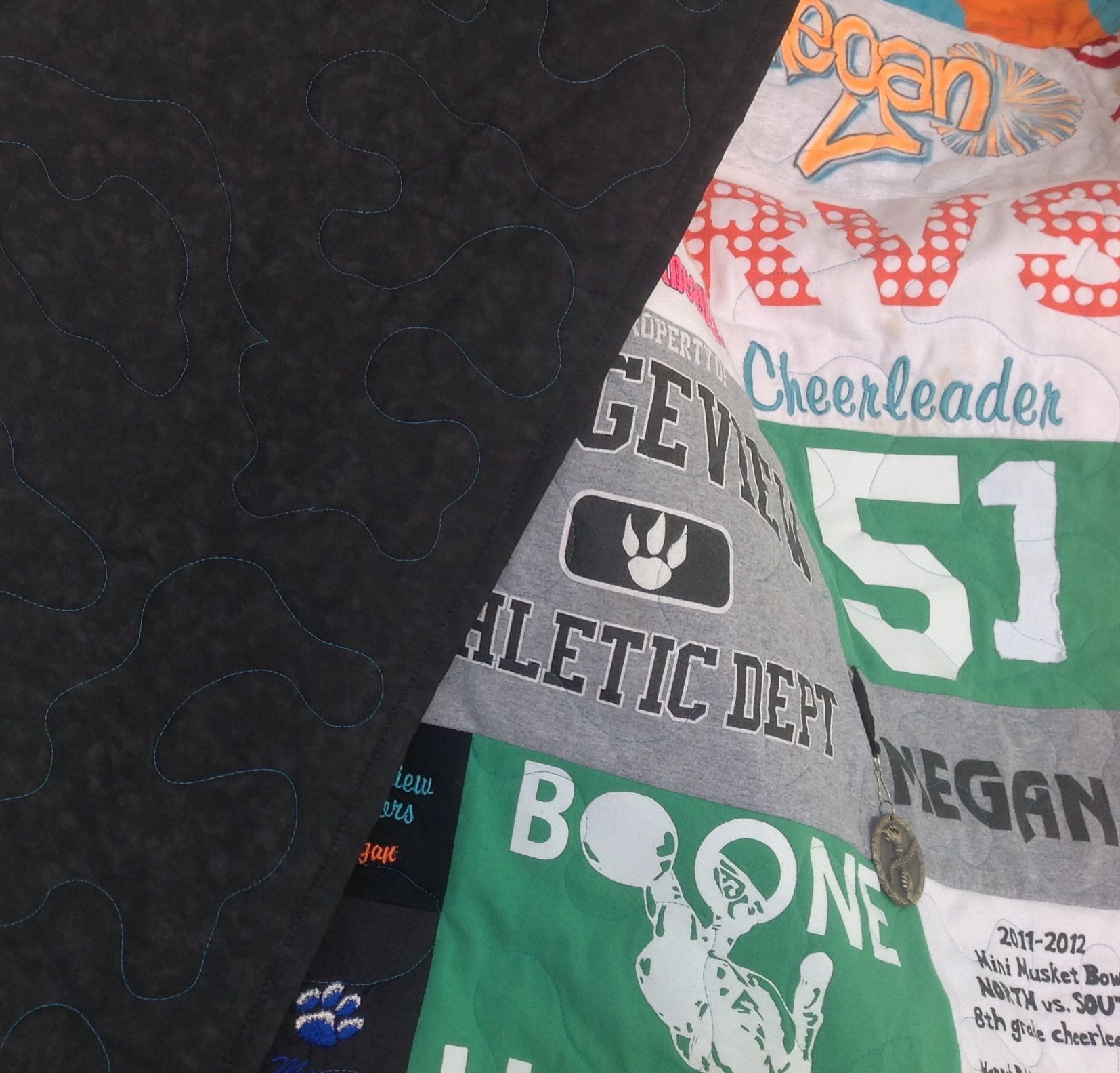 Hand Crafted Custom Cheerleading Uniform Tshirt Memory Quilt With Bow And Award Medals