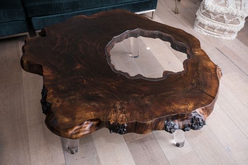 Custom Made Walnut & Lucite Live Edge Modern Coffee Table