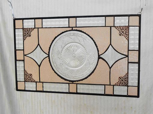 Custom Made Recycled Depression Glass Imperial Stained Glass Window Panel, Antique Stained Glass Transom Window