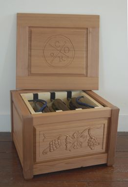 Custom Made Wine Bottle Box - Redwood/Maple - Hand Carved