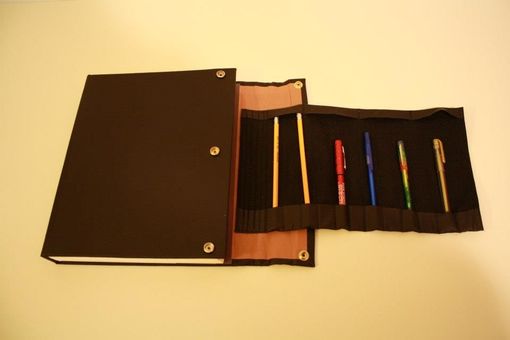 Custom Made Vegan Vinyl Sketchbook With Stitch Detailing And Pencil Holder