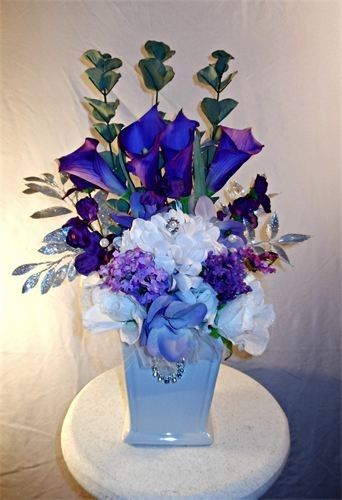 Hand Crafted Silk Flower Purple Calla Lily And Roses Flower Arrangement ...