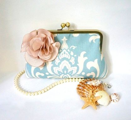Custom Made Blue Damask Print Clutch Purse With Peach Floral Accent