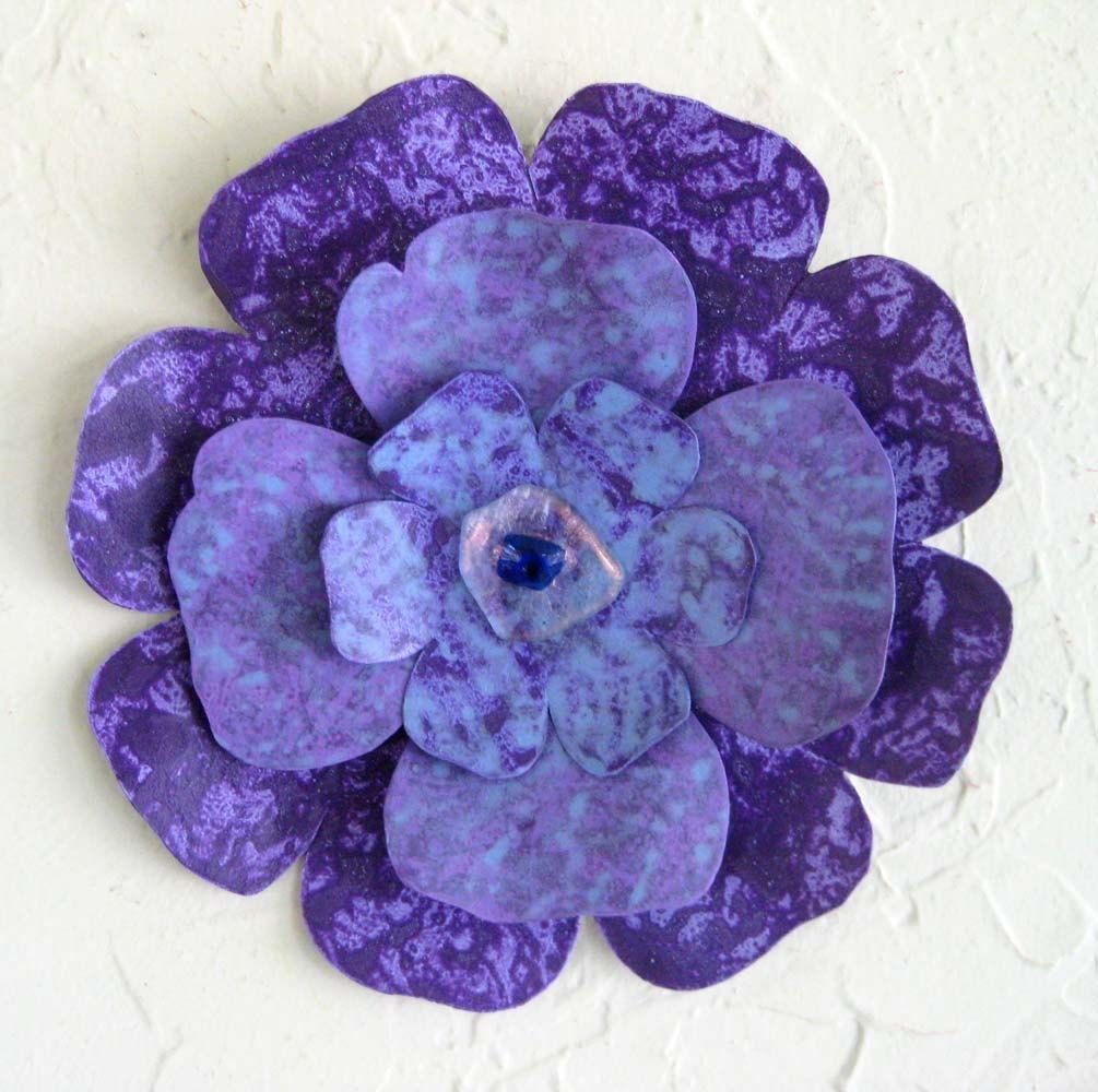 Custom Handmade Upcycled Metal Flower Wall Art In Blue, Purple, And