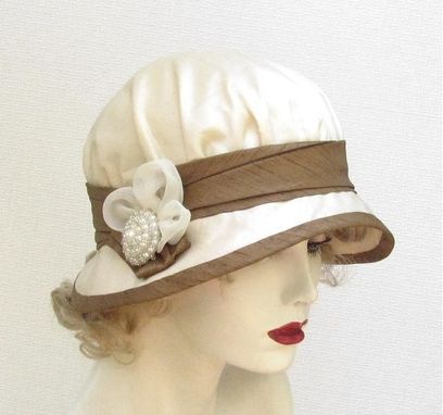 Custom Made 1920'S Cloche Hat In Ivory And Taupe Heavy Textured Fabric
