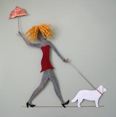Custom Made Lady Walking Dog - Upcycled Metal Wall Sculpture Poodles Dachshunds Chihuahua Lab