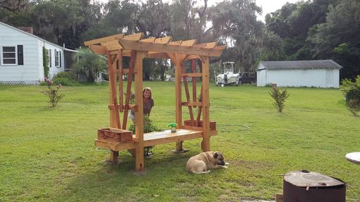 Custom Made All Cypress Arbor With Cedar Planter Boxes And Seating Bench