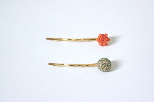 Custom Made Bridesmaid And Flower Girl Gift -Ornate Orange And Green Duo Hair Pins