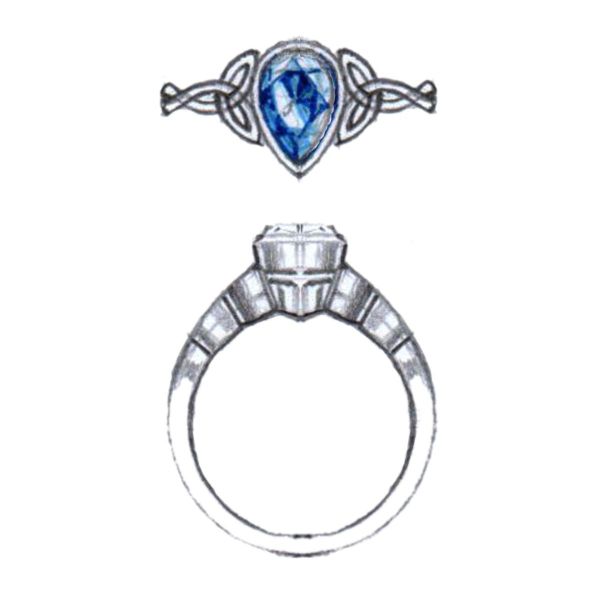 This engagement ring features a band that twists into two trinity knots hip-to-hip against a bezel-set Swiss blue topaz.