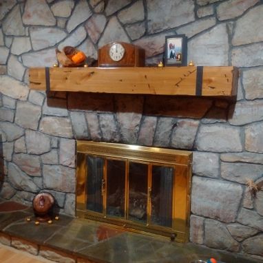 Custom Made Knotty Alder Beam Mantel With Thick Hand Hammered Straps