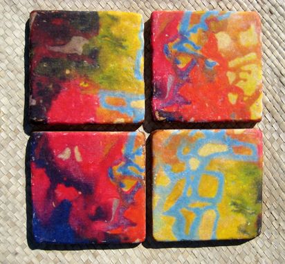 Custom Made Tile Coasters Handmade Tile With Multi-Colored Original Artwork -Set Of 4 Blue Red Orange Green