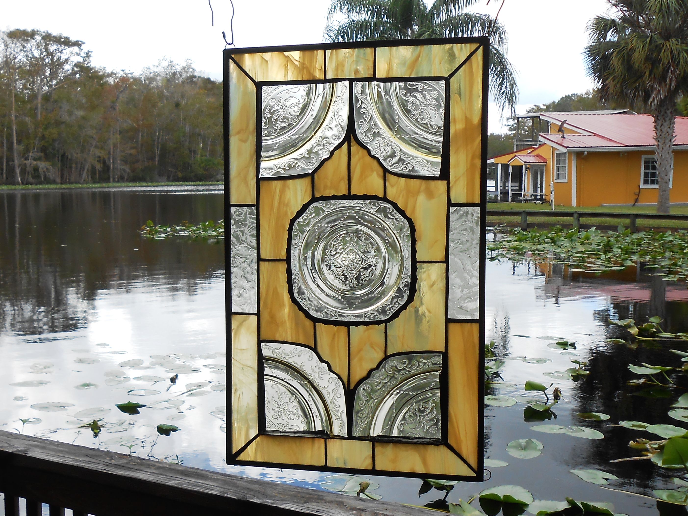 Custom Made Stained Glass Plate Panel 1930s Depression Glass Madrid
