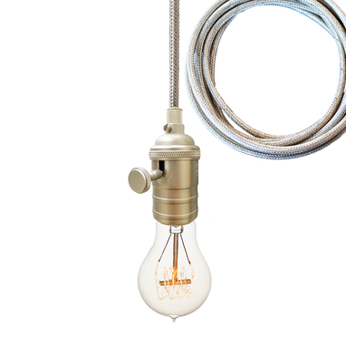 Custom Made Brushed Nickel Bare Bulb Pendant Light- Chrome Cord