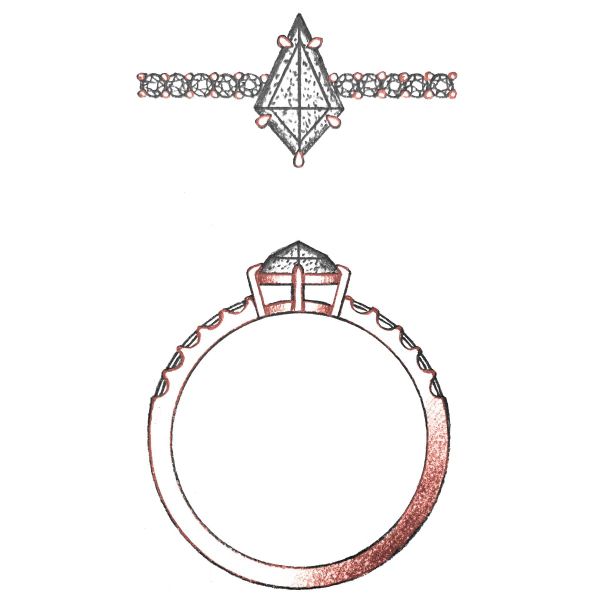 A salt and pepper kite-cut diamond sits in a pavé rose gold setting.