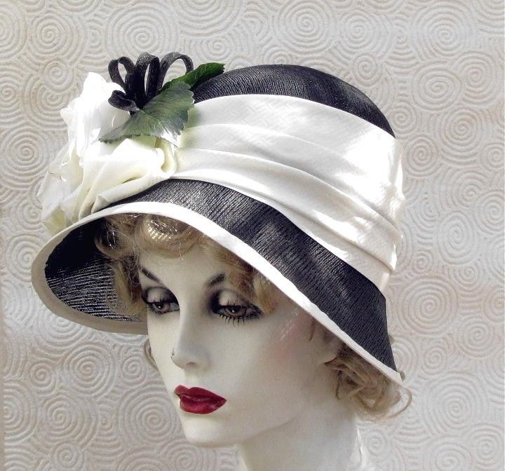 Custom Made Vintage 20s Black And White Hat Cloche Wide Brim Large ...