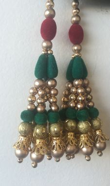 Custom Made Red,Green And Golden Beads In Silk Fabric.Could Be Hanged In Thread Too