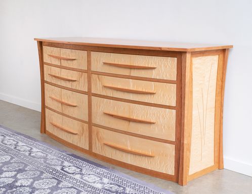 Custom Made Curved Front Dresser In Cherry And Curly Maple "Savanna"