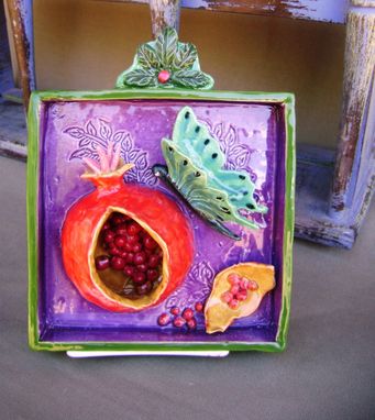 Custom Made Pomegranate Butterfly Ceramic Shadow Box Wall Hanging, Ready To Ship