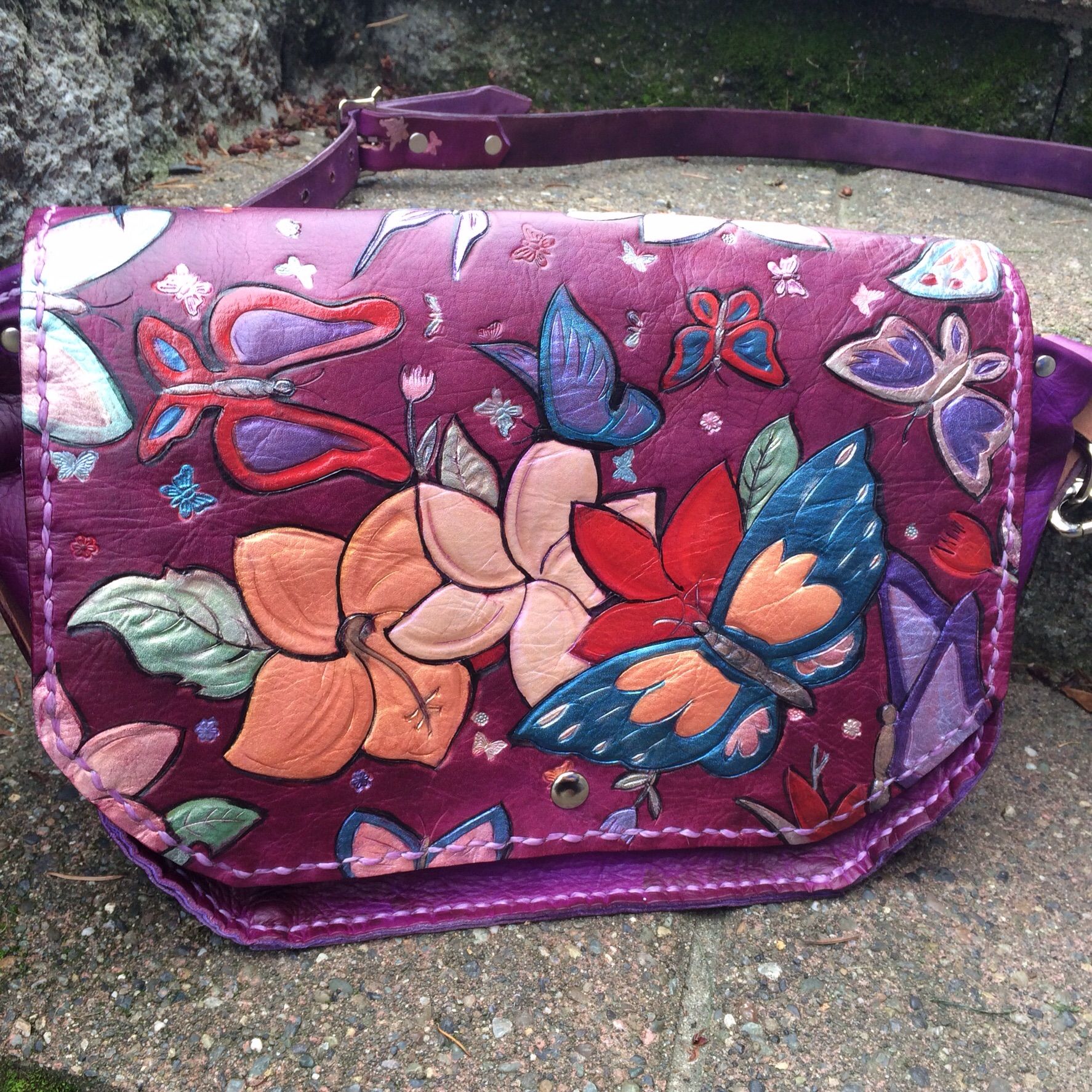Buy Hand Crafted Purple Leather Butterfly Purse With Hawaiian Flowers ...