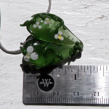 Custom Made Glass Heart Pendant, Wildflower Garden Heart, Green With White Flowers Necklace