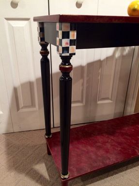Custom Made Hand Painted Console Or Sofa Table Black White Check Marbled Custom Burgundy Gold Black