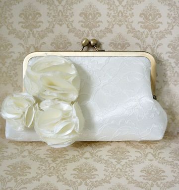 Custom Made Bridal Clutch Purse In Ivory Lace With Pom Pom Flowers