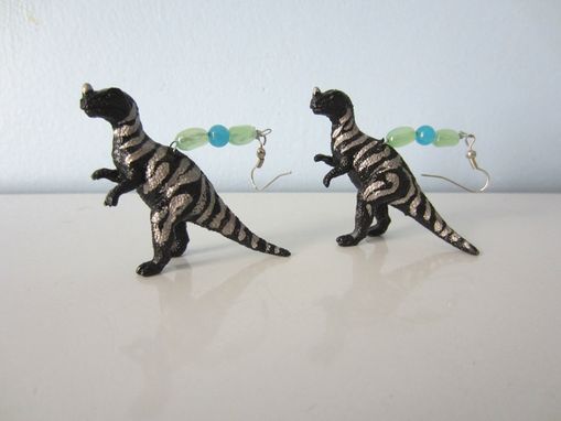 Custom Made Upcycled Earrings Made From Toy Dinosaurs - Black T-Rex With Silver Stripes