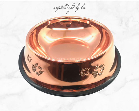 Custom Made Crystallized Rose Gold Dog Bowl Paw Prints Genuine European Crystals Bedazzled