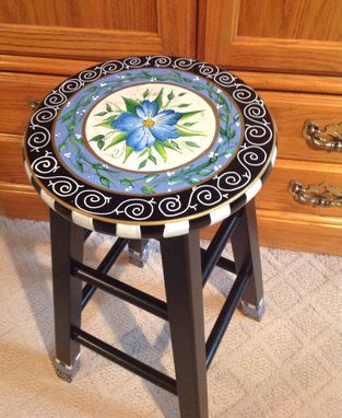 Custom Made Custom Hand Painted Round Top Bar Stool// Blue Flower Whimsical