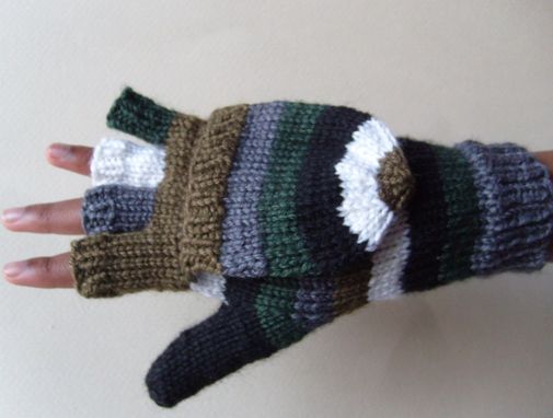 Custom Made Striped Convertible Fingerless Mitts Hand Knit With Luxurious Merino Wool And Silk