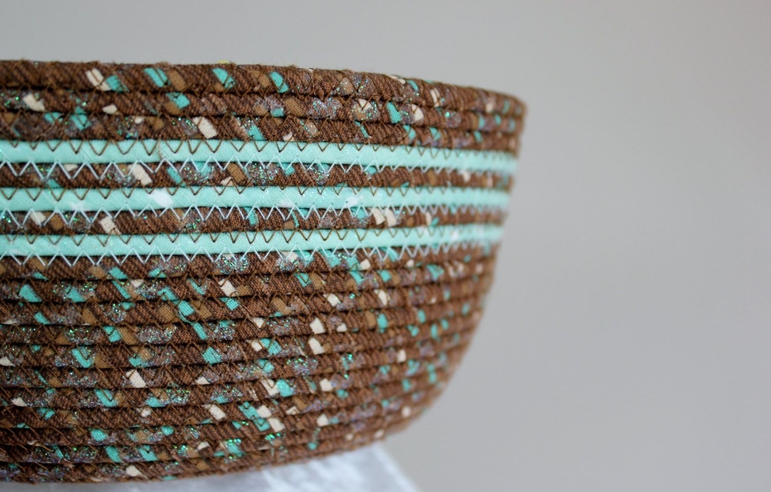 Custom Fabric Bowl With Lid - Coiled - Wrapped Clothesline - Medium Round -  Brown/Mint Green by Decowraps